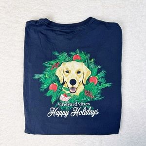 Vineyard Vines Happy Holidays Dog Yellow Lab Wreath Long Sleeve Shirt Small